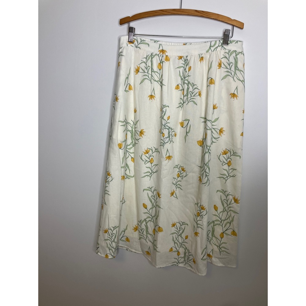 Joie Midi Skirt Womens XL Cream Yellow Floral Linen Blend Excellent Pockets